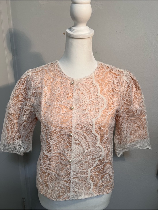 Zane Tops - Zane White Lace Button-Front Blouse over Peach Lining